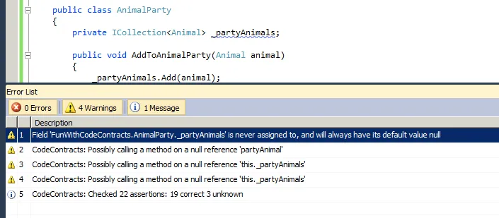 Visual Studio error list showing Code Contracts static checker warnings that _partyAnimals may be null when its method is called