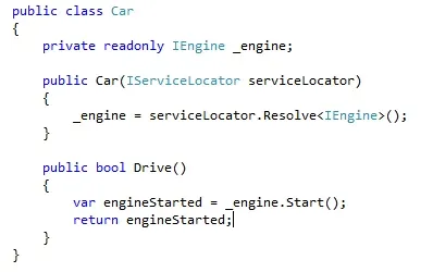 CarTests with a private ServiceLocator field that is set up before constructing the Car under test