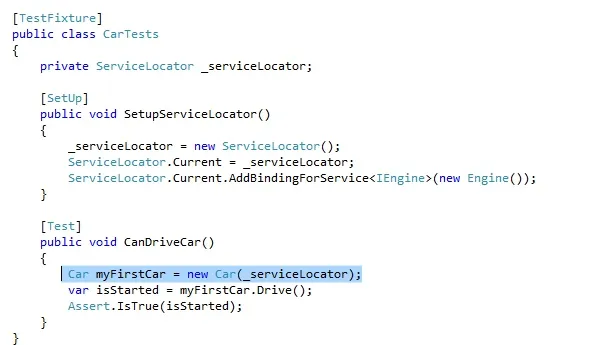 Car class taking an IServiceLocator as an injected constructor dependency instead of using a static locator