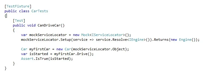 CarTests mocking IServiceLocator with Moq and passing the mock into the Car constructor