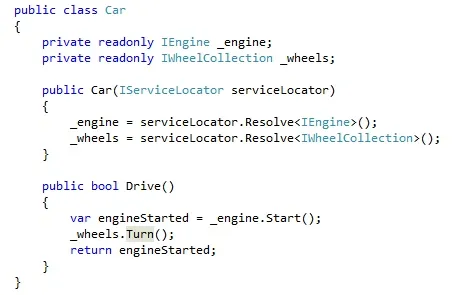 Car class now resolving both IEngine and IWheelCollection from the injected IServiceLocator