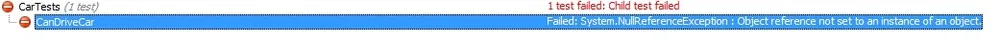 Test runner showing CanDriveCar failing with a NullReferenceException