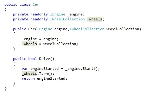 Car class with IEngine and IWheelCollection injected directly as constructor parameters instead of a service locator
