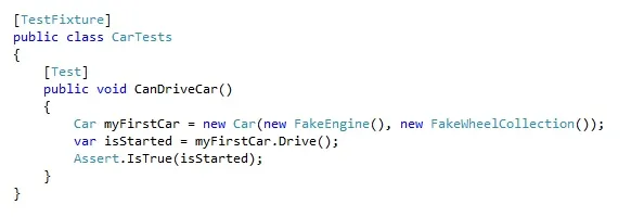 CarTests constructing a Car by passing in a FakeEngine and FakeWheelCollection directly, with no service locator involved