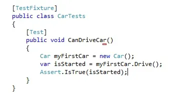CarTests fixture with a CanDriveCar test that constructs a Car and asserts it started