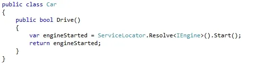 Car class updated so Drive resolves an IEngine via ServiceLocator.Resolve before starting it