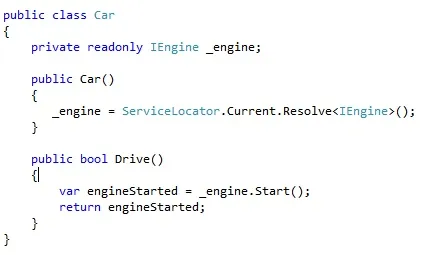 Car class resolving its IEngine from ServiceLocator.Current in the constructor instead of inside Drive