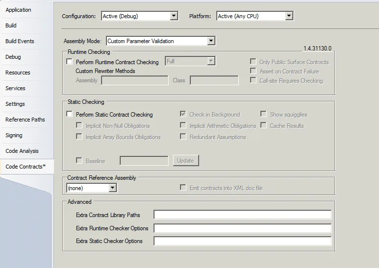 Visual Studio project properties Code Contracts tab, showing Runtime Checking and Static Checking configuration options