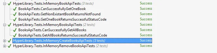 NUnit test runner showing all book API integration tests passing against the in-memory server